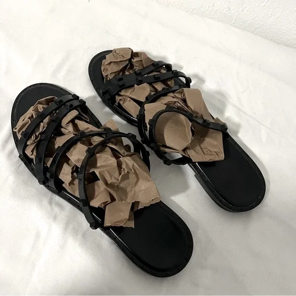 Women’s Chic Size 11 Black Strappy Casual Studded Slip On Sandals Everyday - Picture 2 of 8